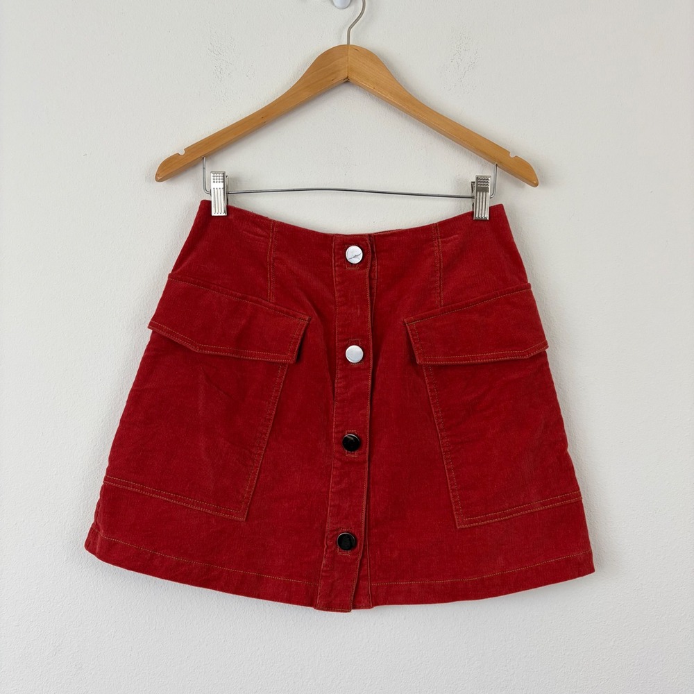 Preppy Altar'd State Red Orange Corduroy Button Mini Skirt Cargo Pocket Medium